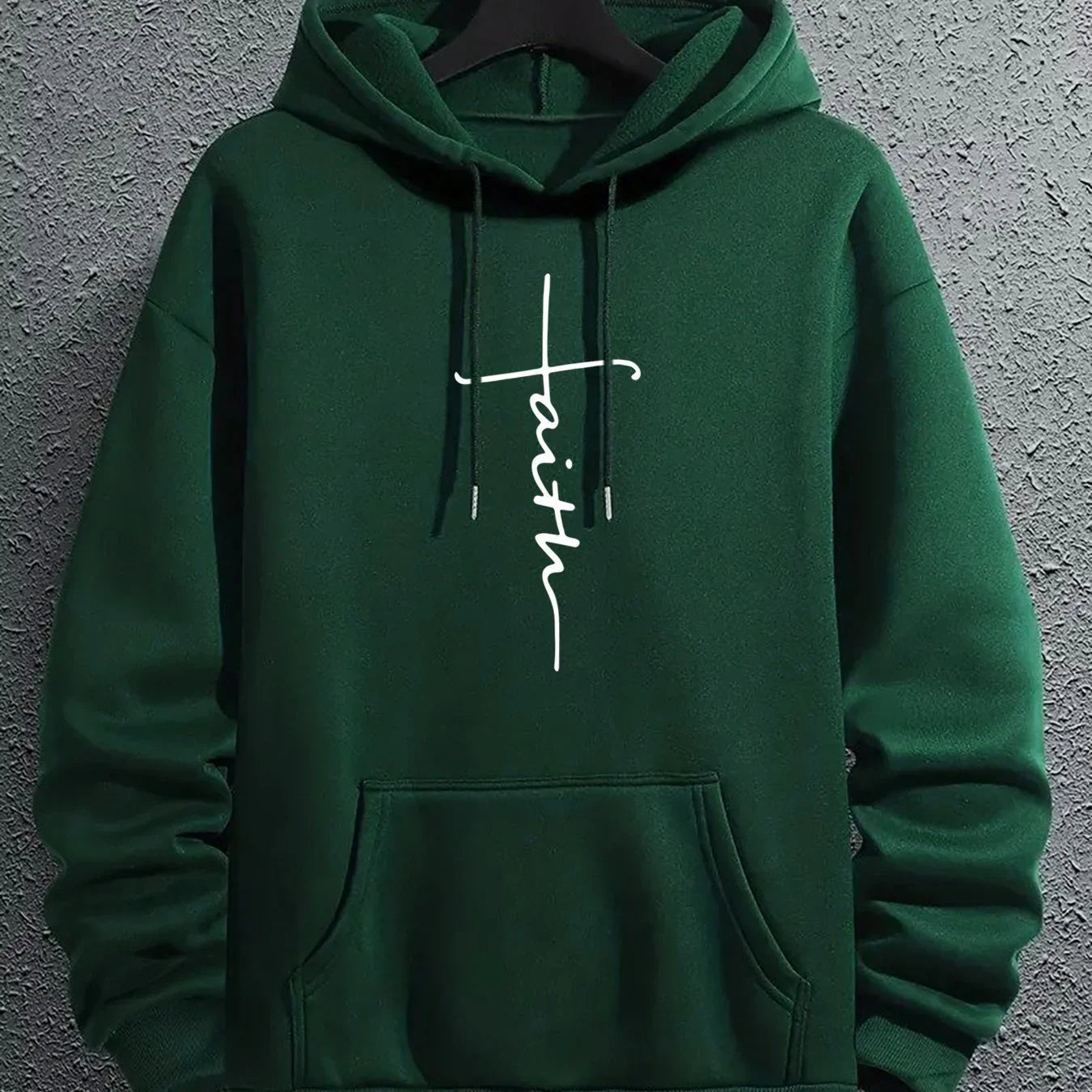Dark green fleece hoodie with front pocket and &