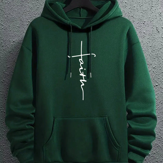 Dark green fleece hoodie with front pocket and 'faith' graphic, relaxed fit streetwear style.
