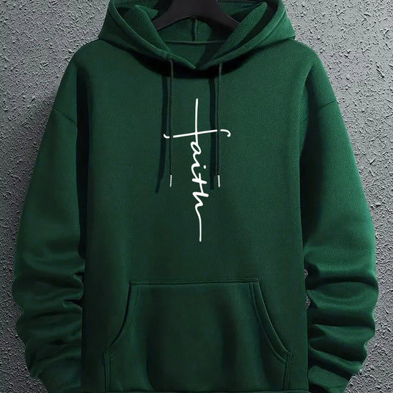 Dark green fleece hoodie with front pocket and &