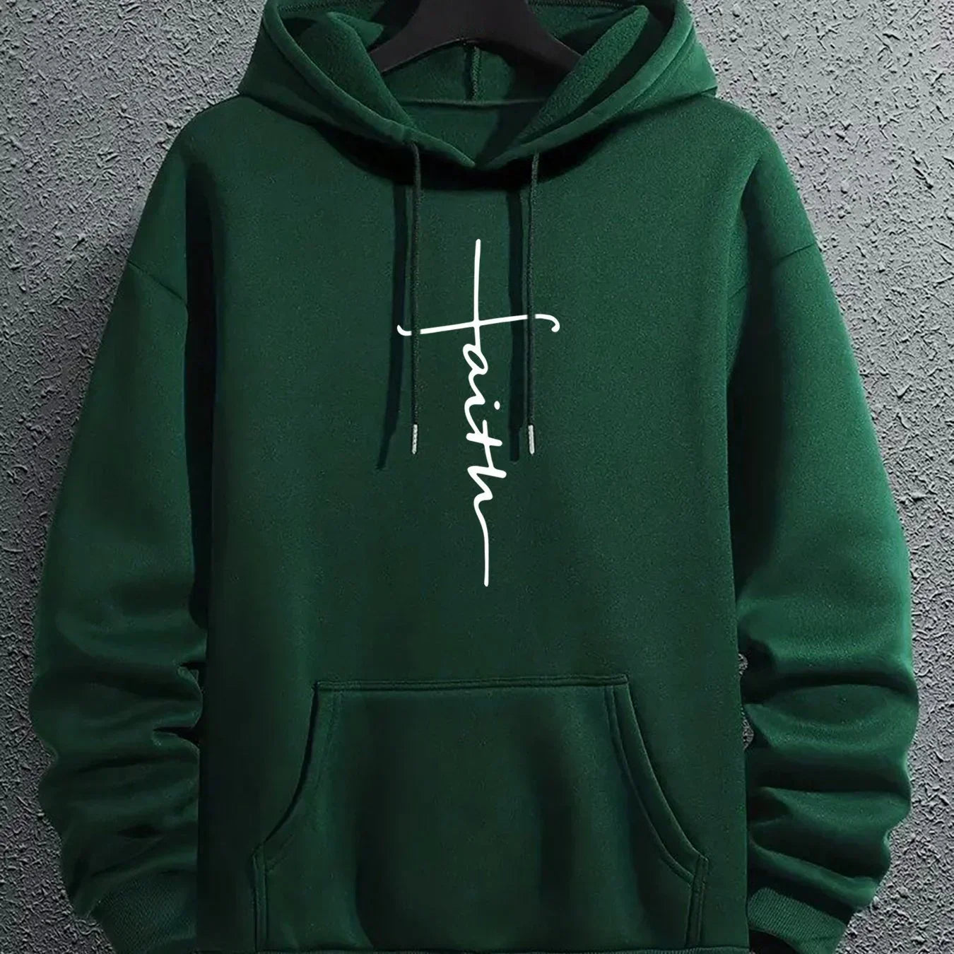 Dark green fleece hoodie with front kangaroo pocket, drawstrings, and 'faith' graphic print