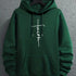 Dark green fleece hoodie with front kangaroo pocket, drawstrings, and &