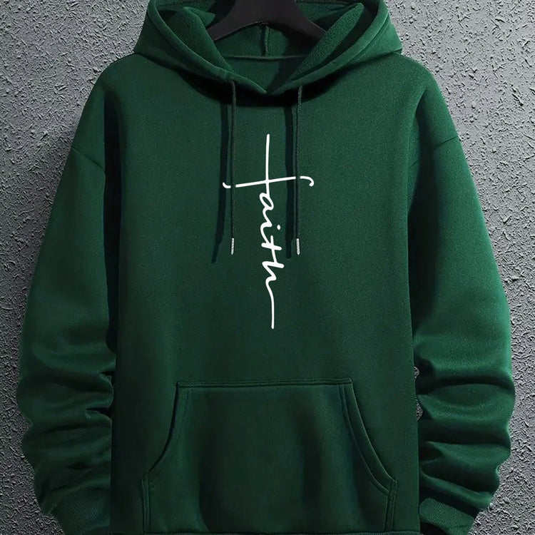 Dark green fleece hoodie with front kangaroo pocket, drawstrings, and &