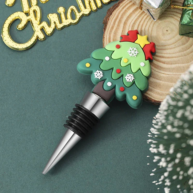 Christmas tree wine bottle stopper with green and red festive design, silicone and metal materials