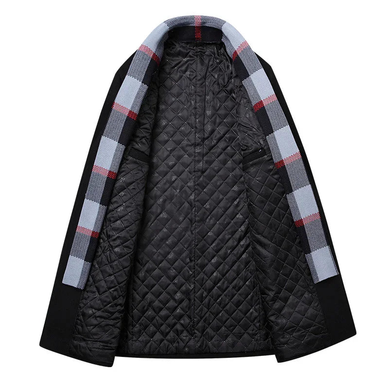 Black long coat with quilted lining, light blue plaid trim, relaxed fit