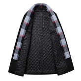 Black long coat with quilted lining, light blue plaid trim, relaxed fit