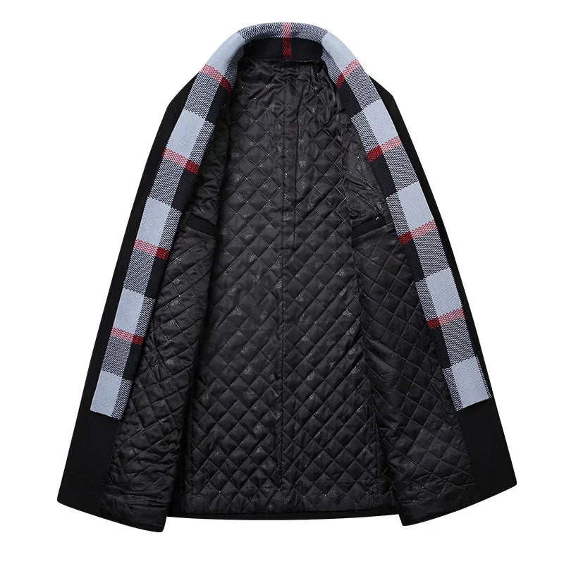Black long coat with quilted lining, light blue plaid trim, relaxed fit