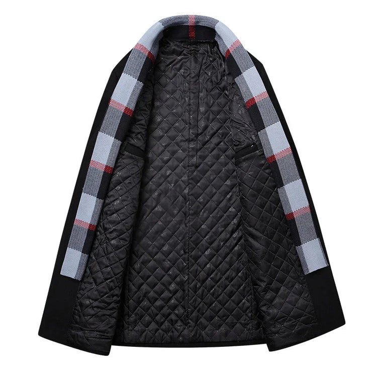 Black long coat with quilted lining, light blue plaid trim, relaxed fit