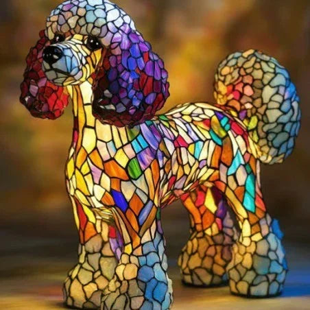 Stained glass poodle lamp featuring multicolored mosaic pattern and illuminated vibrant hues