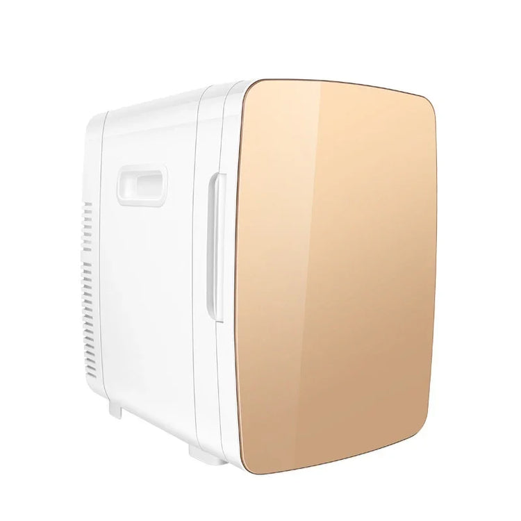 Modern compact mini fridge with glossy gold door, white body, and sleek design