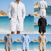 Men’s linen long sleeve shirt and drawstring shorts set, relaxed fit, available in white, black, gray, light blue, and beige, styled on a beach.