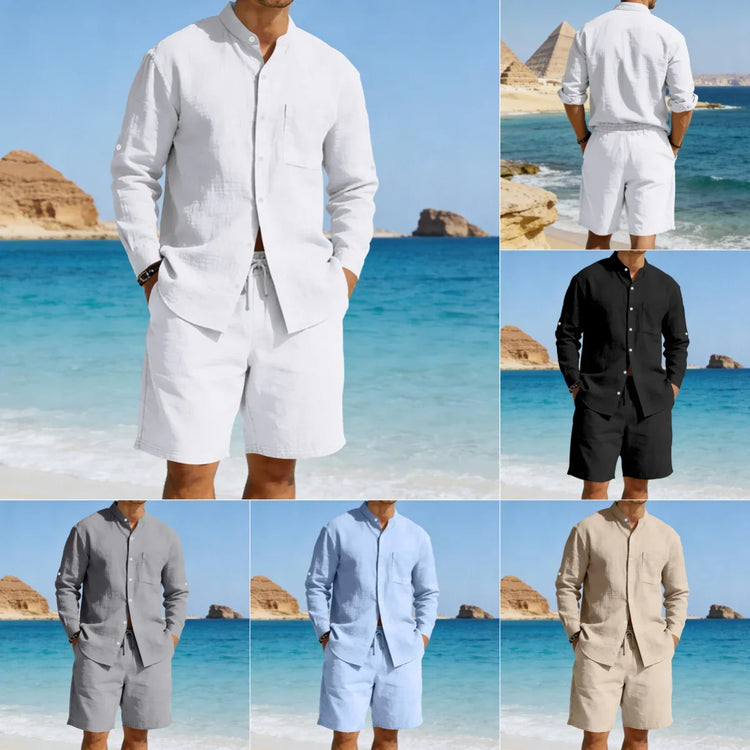 Men’s linen long sleeve shirt and drawstring shorts set, relaxed fit, available in white, black, gray, light blue, and beige, styled on a beach.