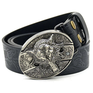 Black embossed leather belt with large silver wolf head buckle, streetwear accessory