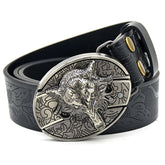 Black men’s all-match belt featuring alloy wolf head buckle and embossed finish