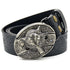 Black men’s all-match belt featuring alloy wolf head buckle and embossed finish