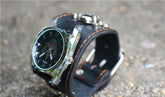 Black leather wide band watch with metallic case and orange stitching, edgy streetwear accessory