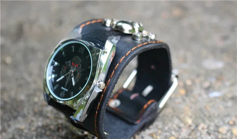 Black leather wide band watch with metallic case and orange stitching, edgy streetwear accessory