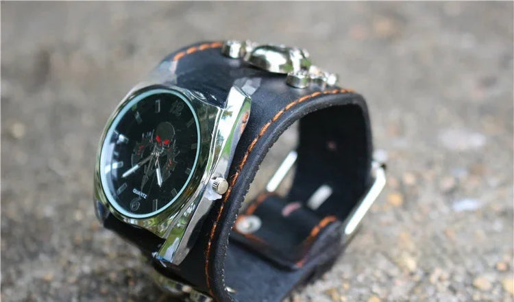 Black leather wide band watch with metallic case and orange stitching, edgy streetwear accessory
