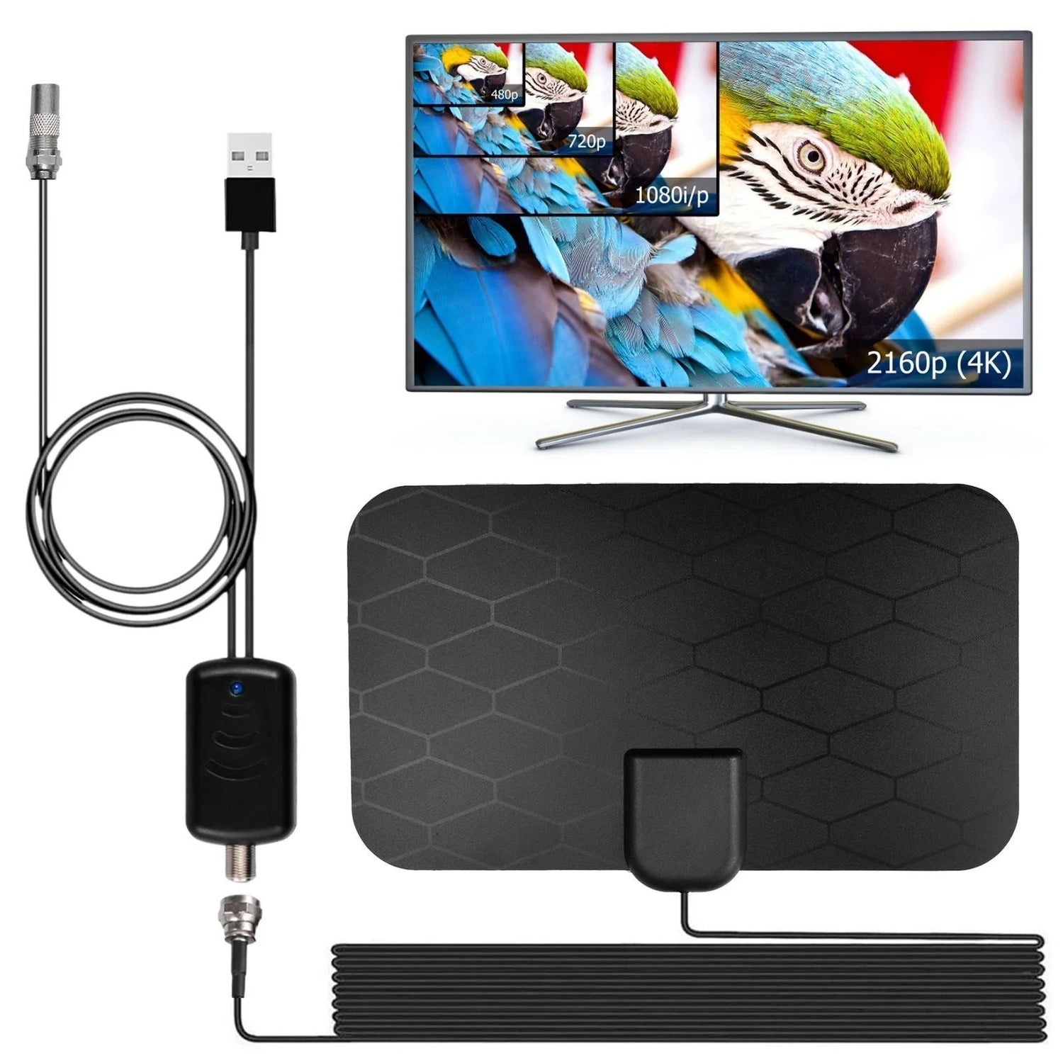 Black rectangular TV antenna with hexagon pattern, long cable, and modern television display