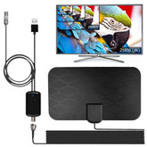 Black rectangular TV antenna with hexagon pattern, long cable, and modern television display