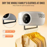 Modern electric clothes dryer with digital display, wavy hooks, nine shirts hung for drying.