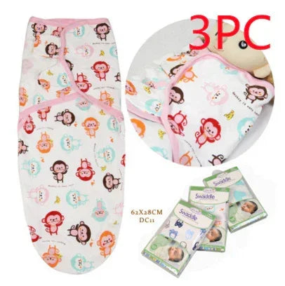 Set of three baby swaddle blankets with colorful cartoon monkey print and pink trim.