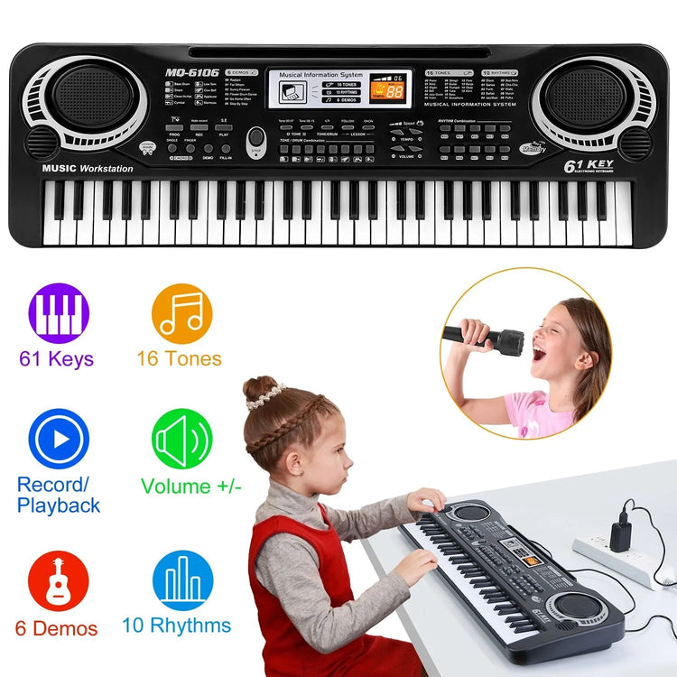 Girl in red sleeveless dress over gray turtleneck playing a black electronic keyboard, modern casual fit.