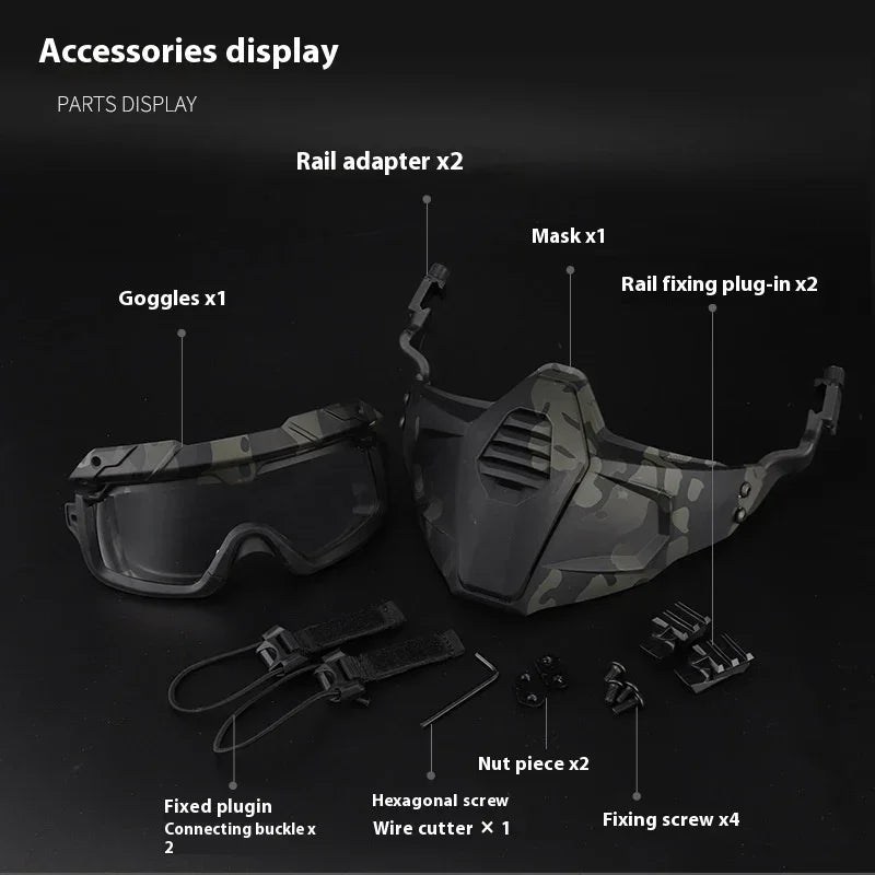 Camouflage tactical mask and goggles set with rail adapters, screws, and connecting straps