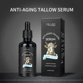 Black dropper bottle and box of anti-aging tallow serum with cow illustration, skincare product