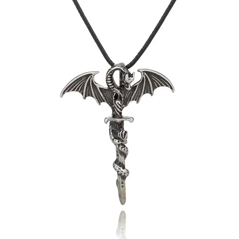 Gothic dragon pendant necklace with black cord, silver color metal, fantasy streetwear style
