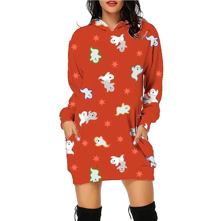 Red oversized hoodie dress with multicolor ghost print, long sleeves, and relaxed fit