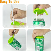 Green plastic soda can lid with straw, easy-to-use snap-on design shown on a beverage can
