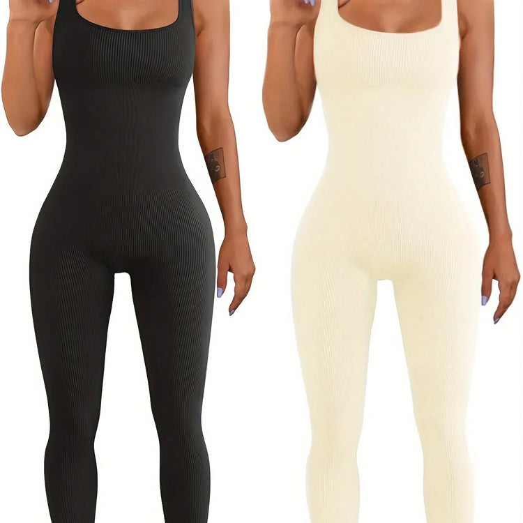 Women wearing sleeveless ribbed jumpsuits in black and cream, bodycon fit, stretchy fabric.