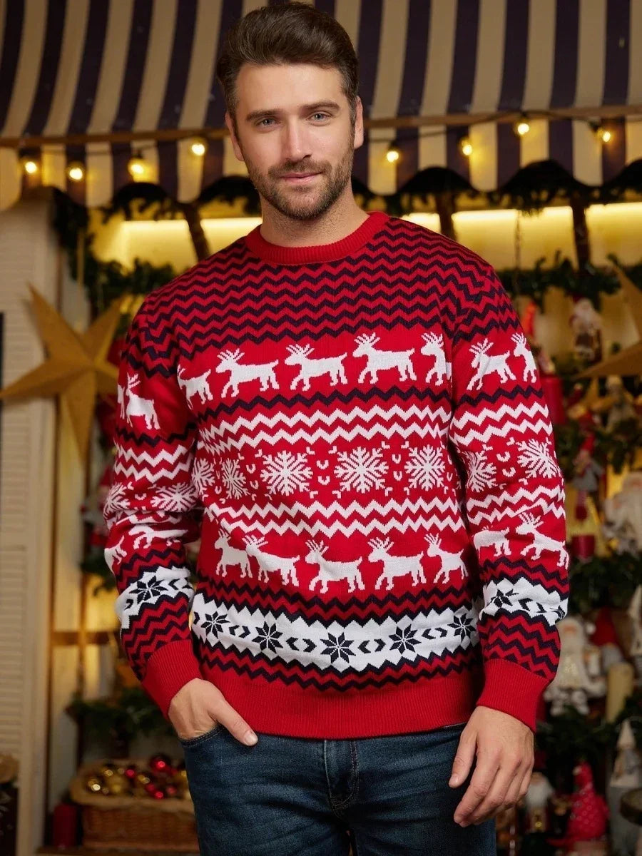 Man wearing red knit Christmas sweater with white reindeer and snowflake patterns, relaxed fit
