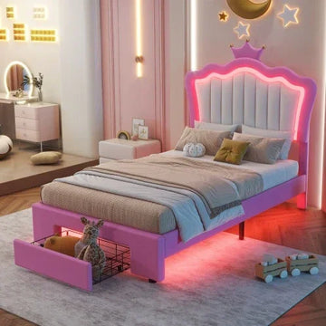 Pink upholstered bed with LED lights, tufted headboard, storage drawer, and neutral bedding