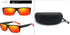 Black and red sunglasses with orange mirrored lenses and protective black case