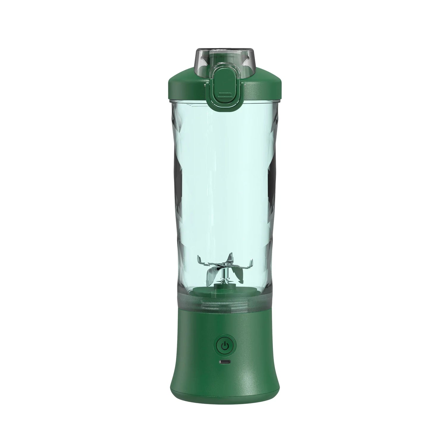 Green portable blender with transparent plastic body and secure flip top lid