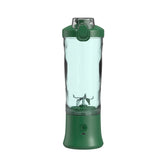 Green portable blender with transparent plastic body and secure flip top lid