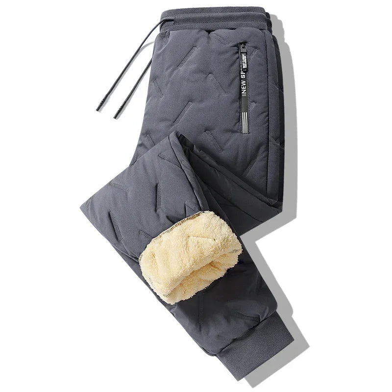Gray quilted jogger pants with fleece lining, drawstring waist, and zippered pocket.