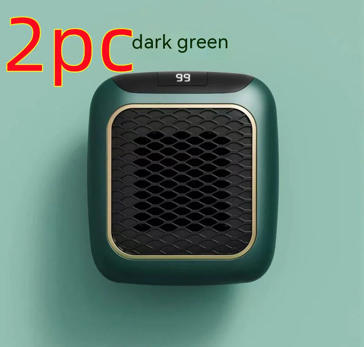 Compact dark green portable heater with digital display and black mesh front, modern design