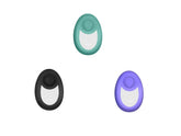 Three oval-shaped key finders in teal, black, and purple with smooth, glossy finish