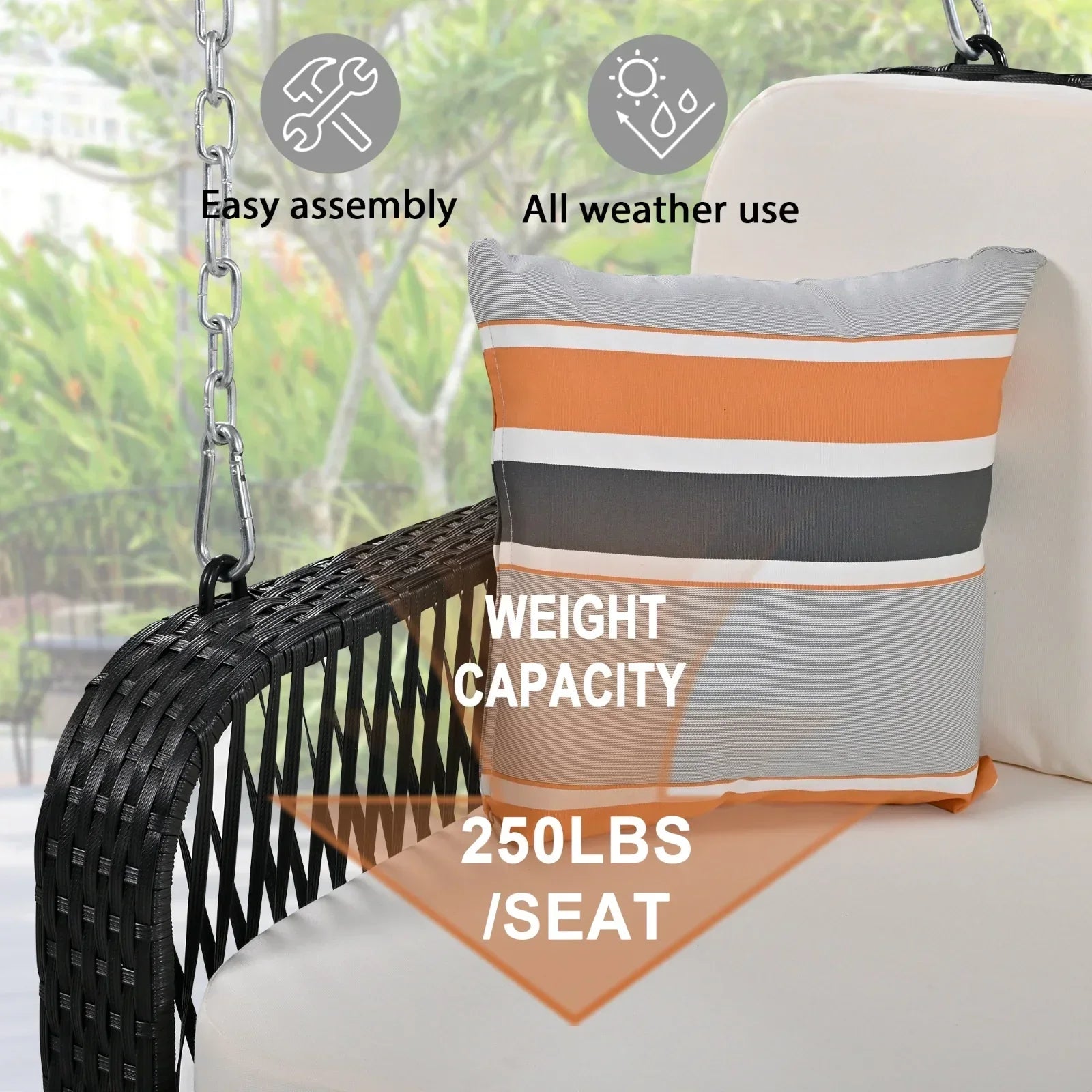 Outdoor wicker patio swing with a striped cushion in orange, gray, and white, easy assembly, all-weather use, 250 lbs weight capacity per seat.