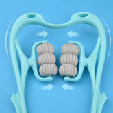 Light blue plastic handheld massage roller with six gray textured wheels on a blue background