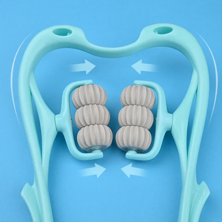 Light blue plastic handheld massage roller with six gray textured wheels on a blue background