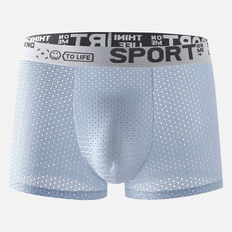 Light blue mesh boxer briefs with perforated design and elastic waistband, athletic fit