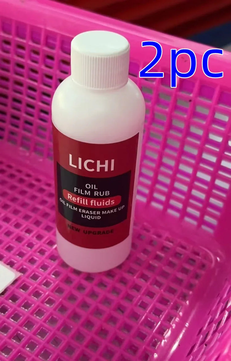 Oil film remover bottle with red label inside a pink basket, shown in a 2-piece set.