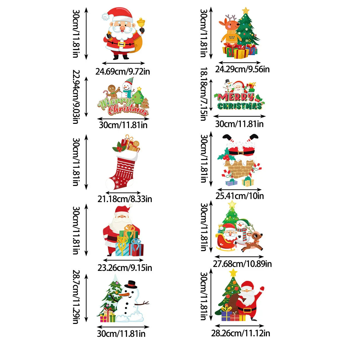 Colorful Christmas-themed wall decals, including Santa, snowmen, and reindeer, with size measurements.