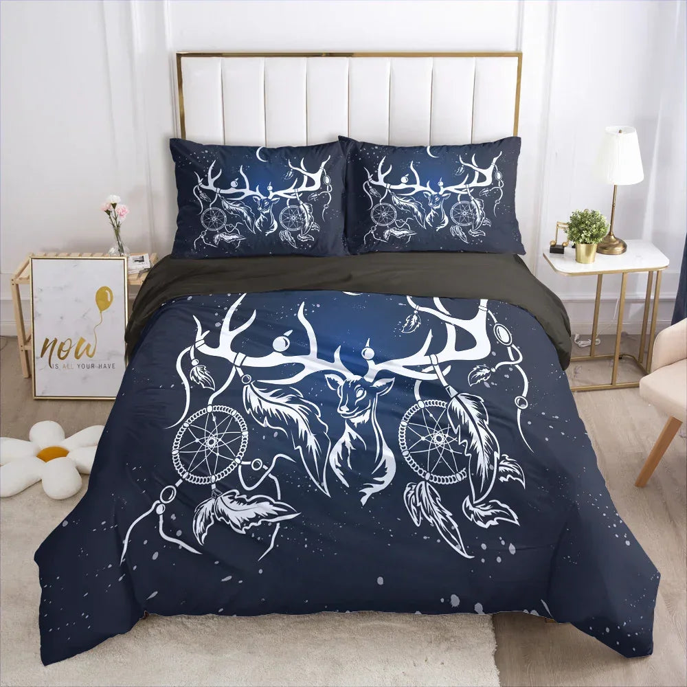 Navy blue bedding set with white deer, antler, and dreamcatcher print, modern bedroom decor.