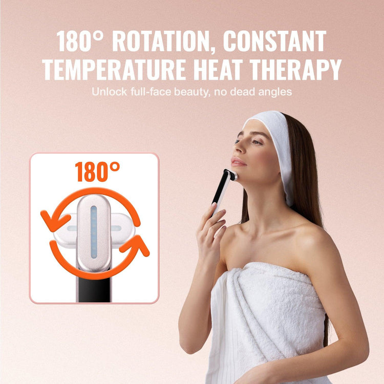Woman in white towel and headband using a skincare device, showcasing minimalist spa style.