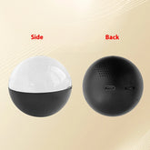 Black spherical tech device with a clear dome, USB port, and speaker grill shown side and back views