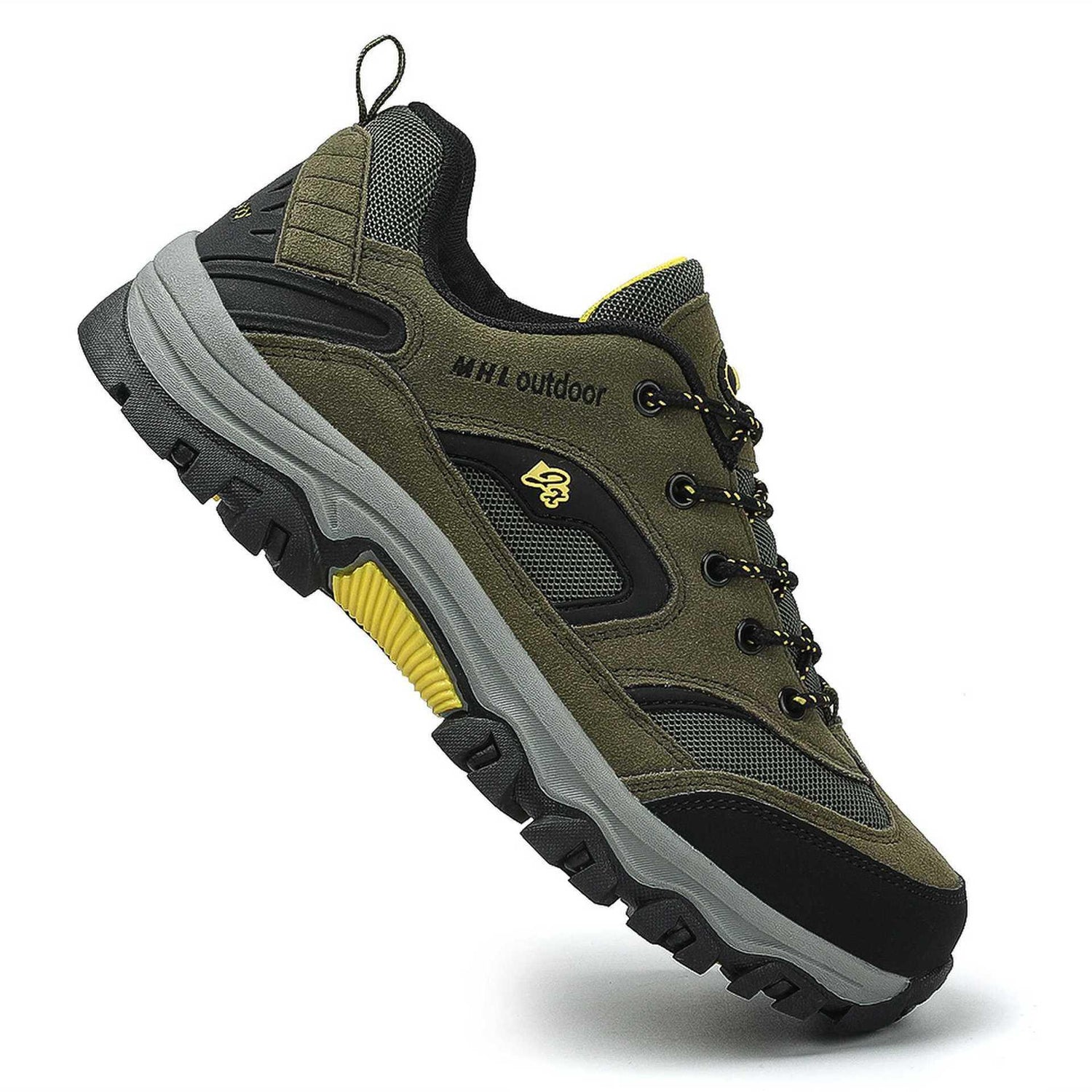 Olive green and black outdoor sneaker with mesh panels, chunky sole, and yellow accents
